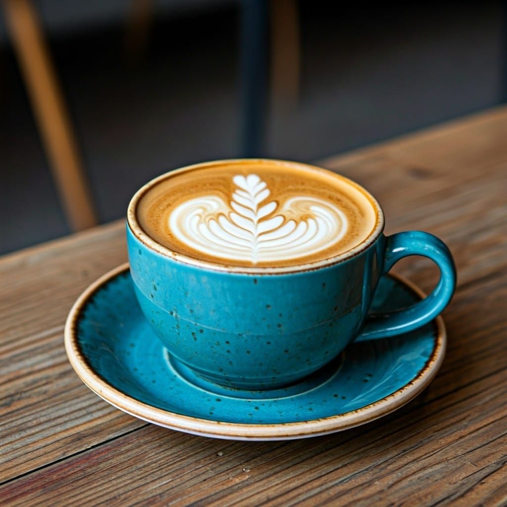 Latte Art in Turquoise Cup: Macro Still Life