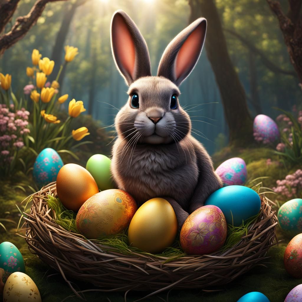 An Easter Bunny sitting on a nest of Easter Eggs