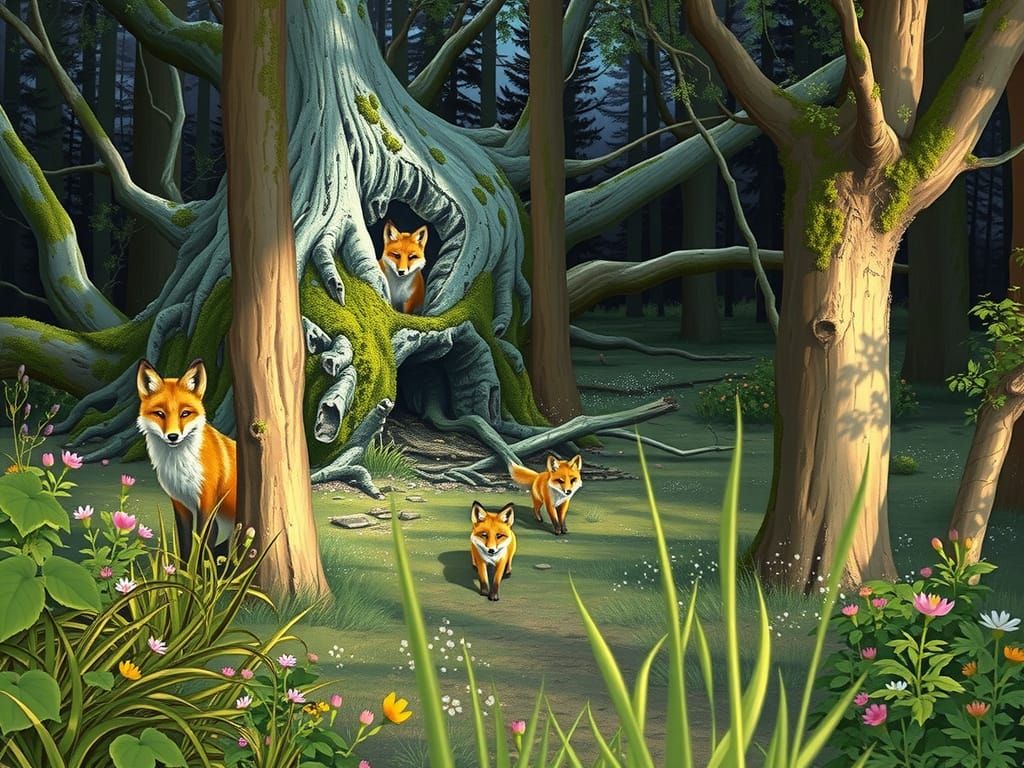 Realistic Fox Family in Serene Forest at Dusk, with Fallen T...