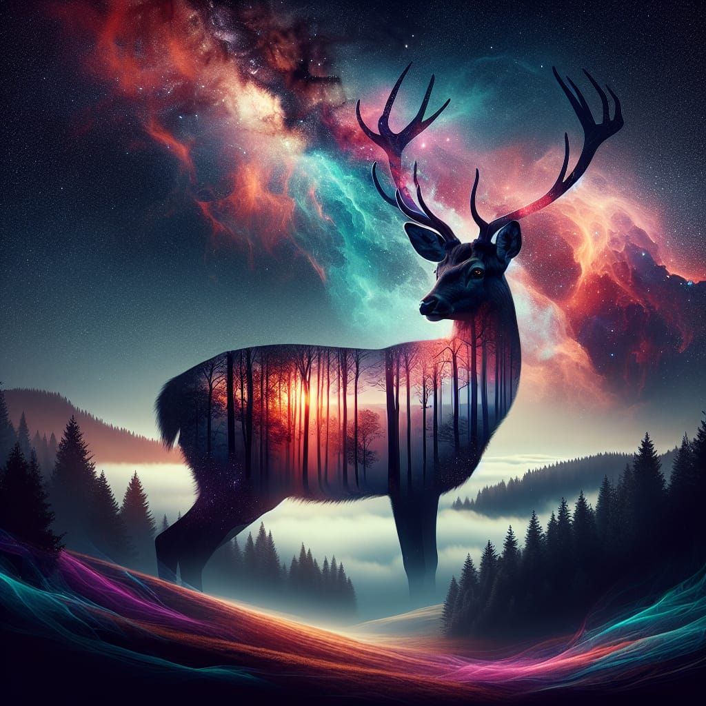 Deer Silhouette with Forest and Nebula in Matte Painting