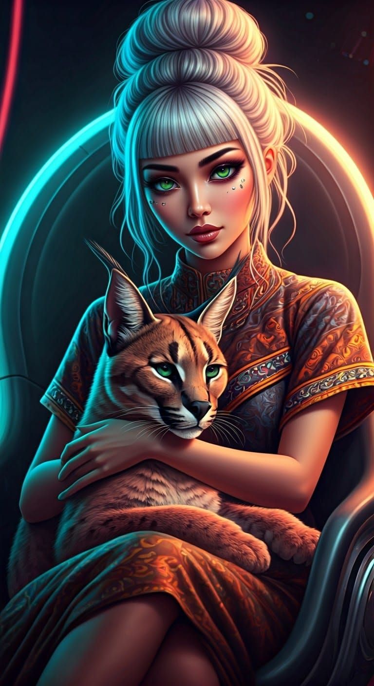 Woman with Caracal in a Futuristic Neon Landscape