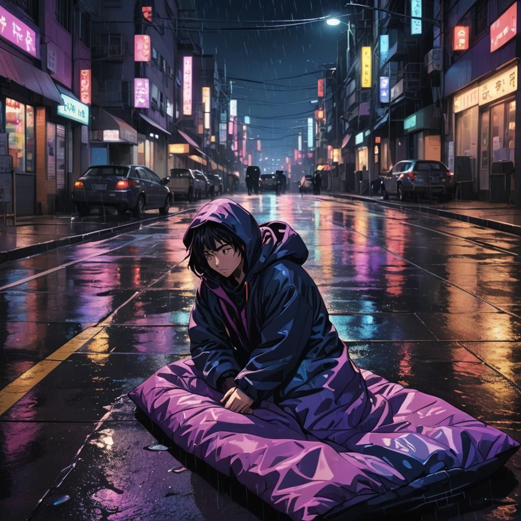 Anime Scene of Person Sleeping on City Street