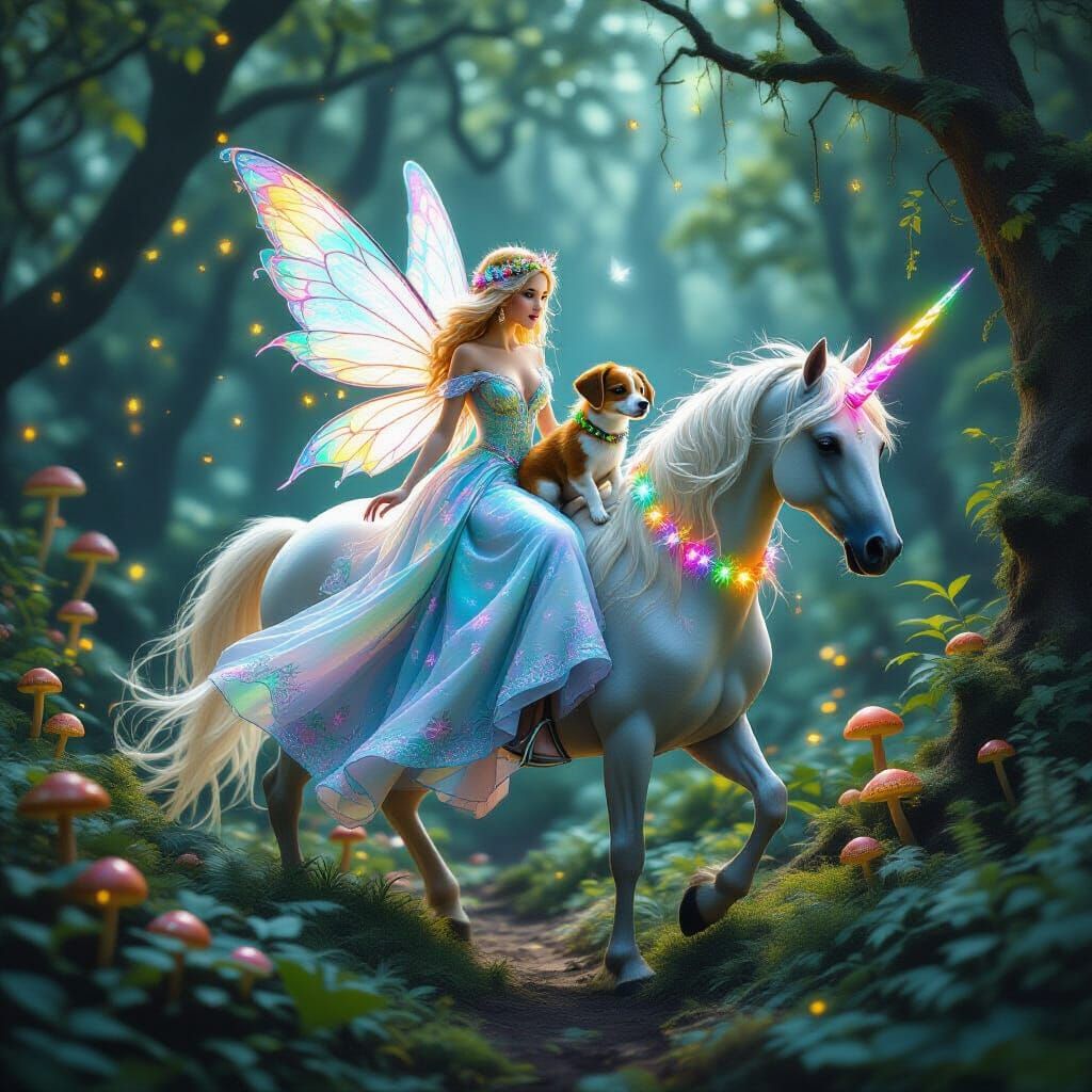 Fairy and Unicorn in Bioluminescent Forest