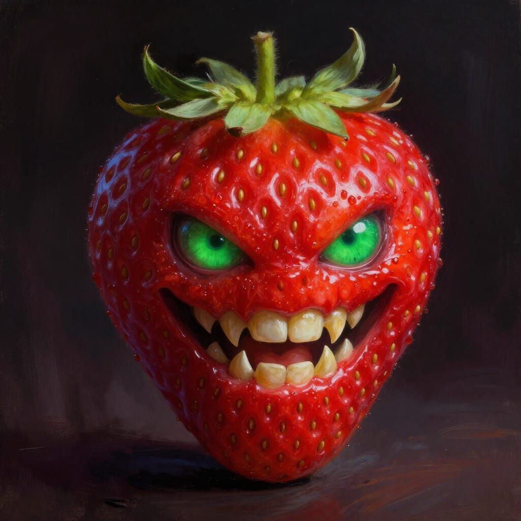 Fierce Anthropomorphic Strawberry with Sharp Teeth and Green...