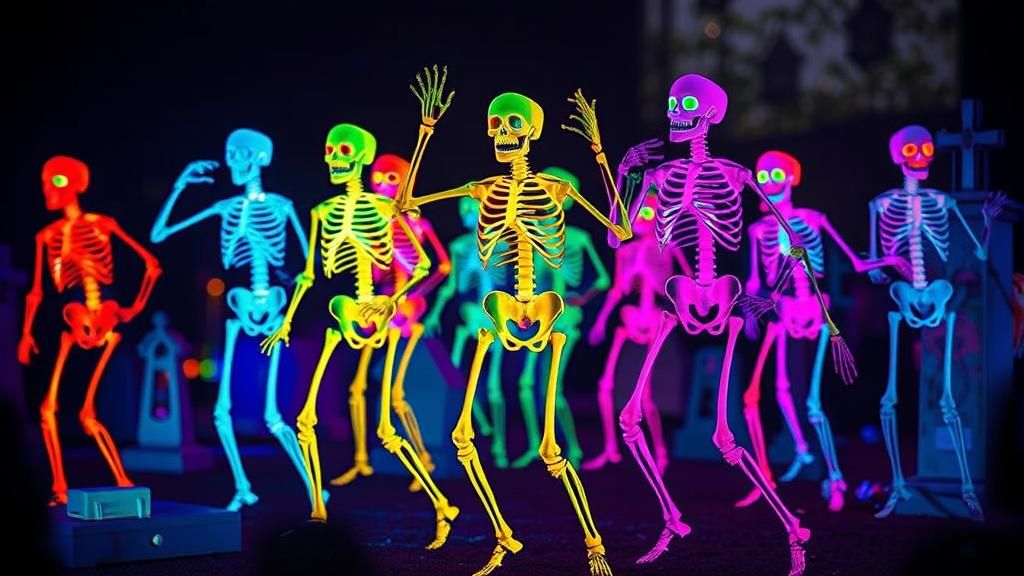 Fluorescent Skeletons Dancing in a Cemetery