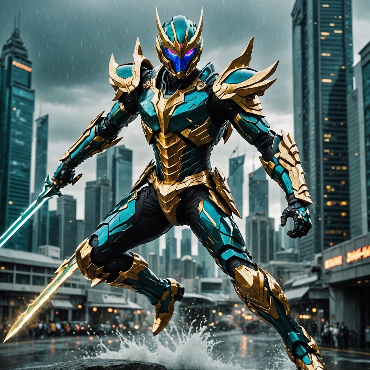 Bahamut Kamen Rider's Electric Kick in Rain-Swept City
