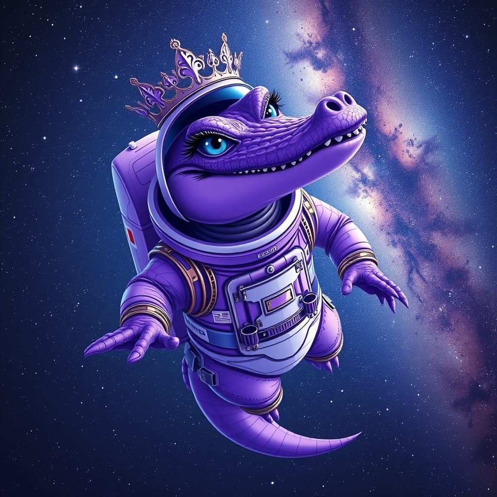Regal Astronaut Crocodile in Vibrant Space Odyssey