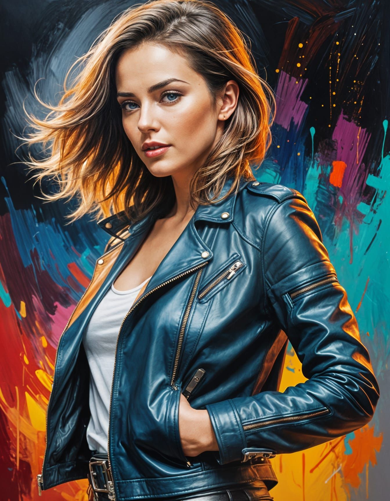 Vibrant Acrylic Painting of Woman in Leather Jacket