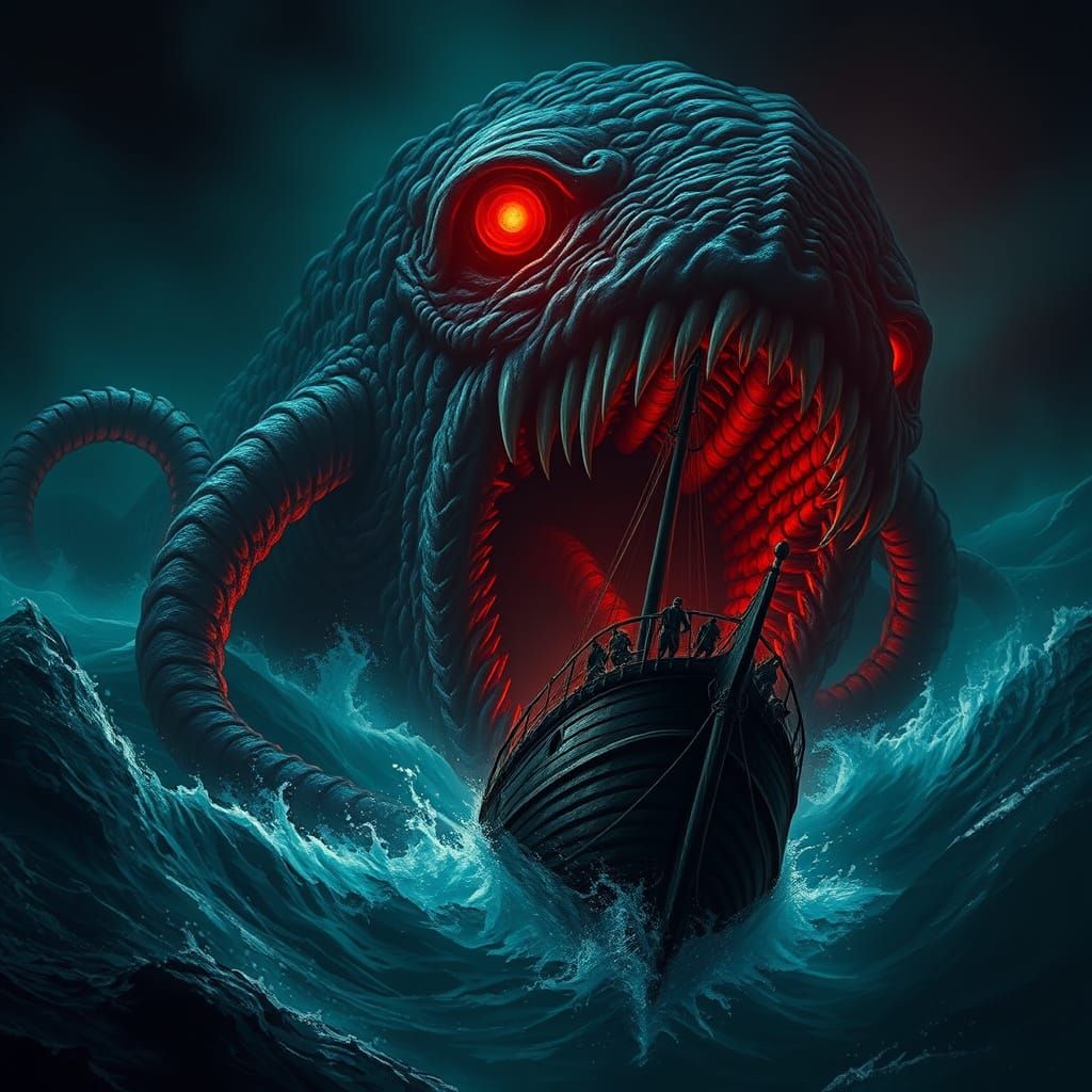 Cthulhu Engulfs Ship in Dark, Turbulent Waters