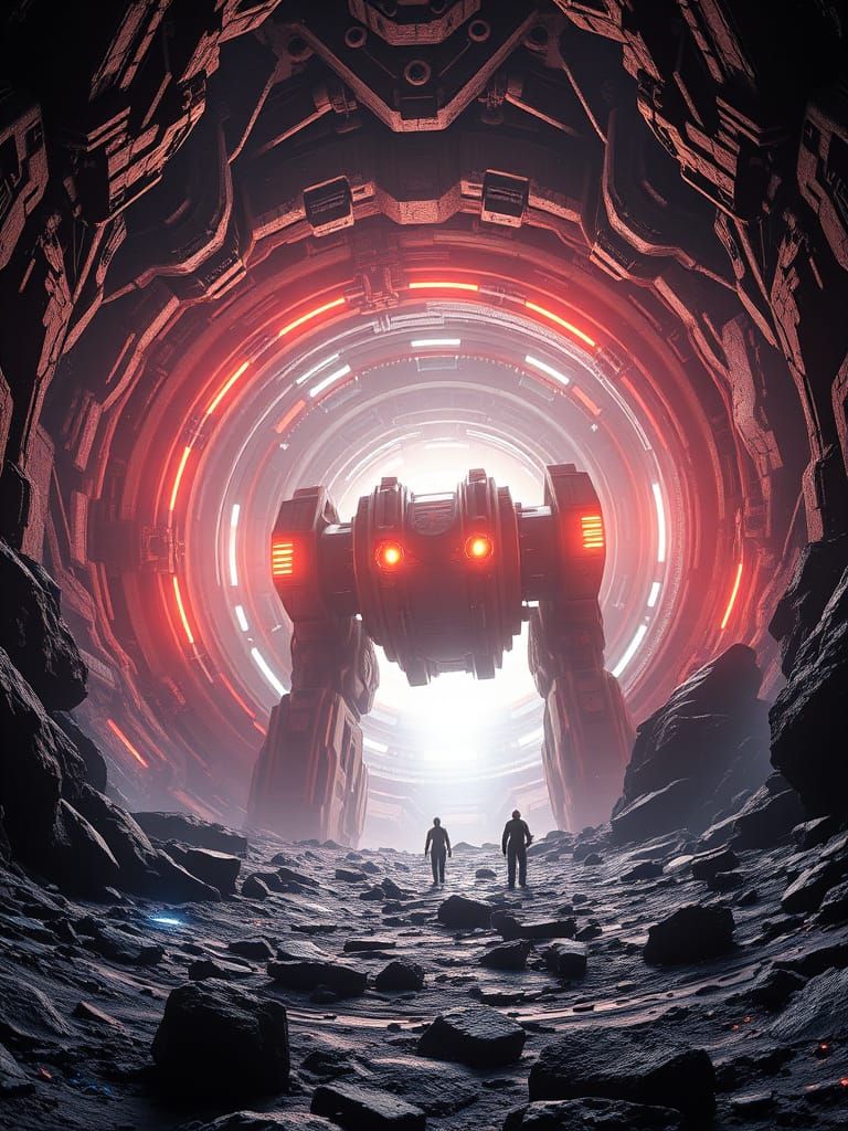 Epic 3D Videogame Robot Gatekeeper Battle in Wormhole Galact...