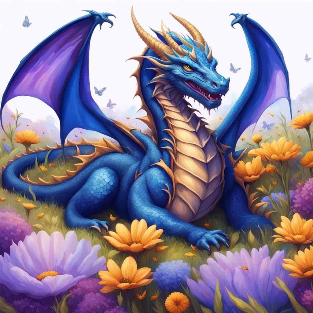 Blue Dragon in Field of Flowers