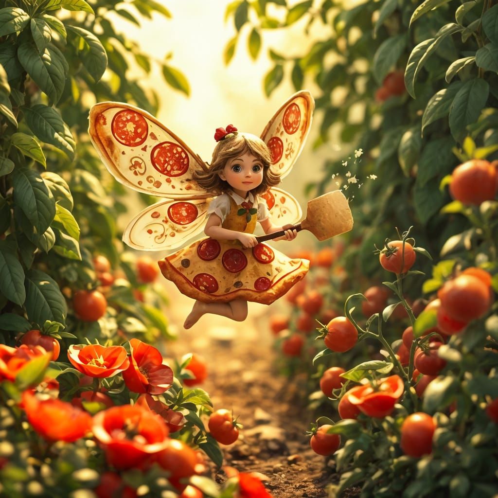 Whimsical Pizza Fairy in Basil Garden, Illustration