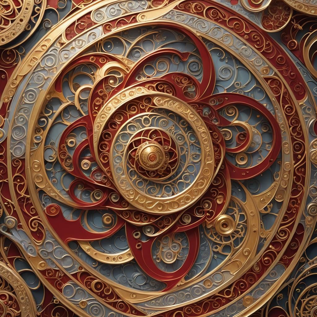 Magical Vortex of Red, Gold, and Silver Shapes