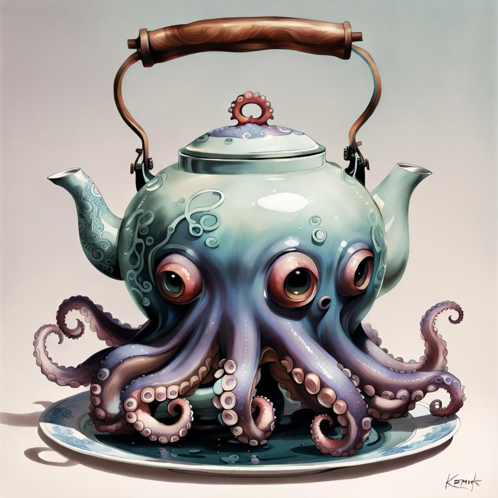 Octopus Tea Kettle: Manga-Style Liquid Gouache Illustration