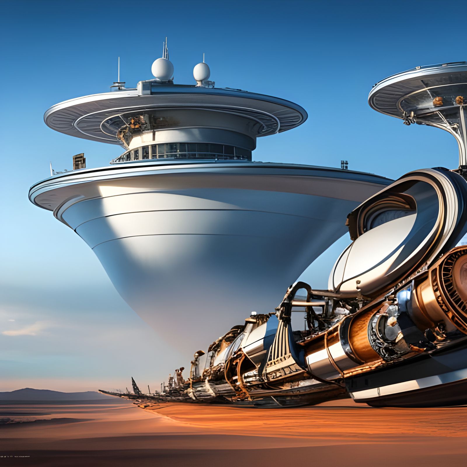 Futuristic Biomechanical Earth Landscape with Steampunk Ship...