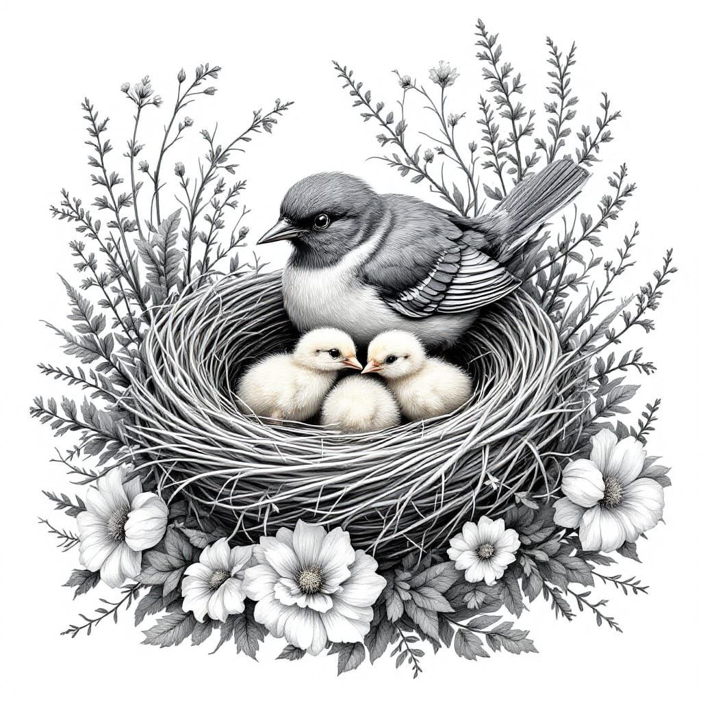 Vintage Bird Nest Sketch in Detailed Botanical Style