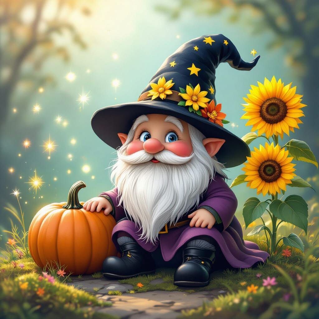 Cute Gnome in Witch Hat with Flowers and Pumpkin
