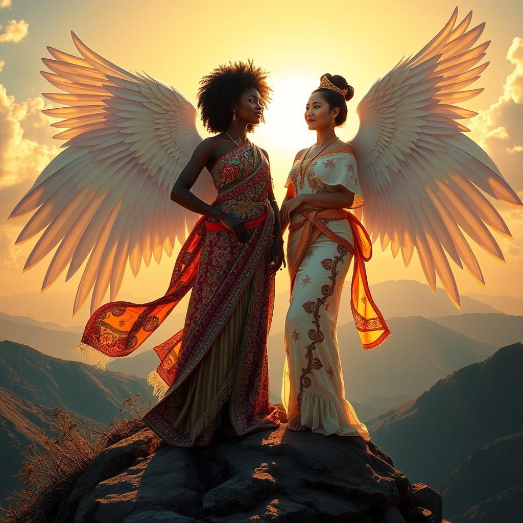 Angelic Women on Mountain Peak with Radiant Wings