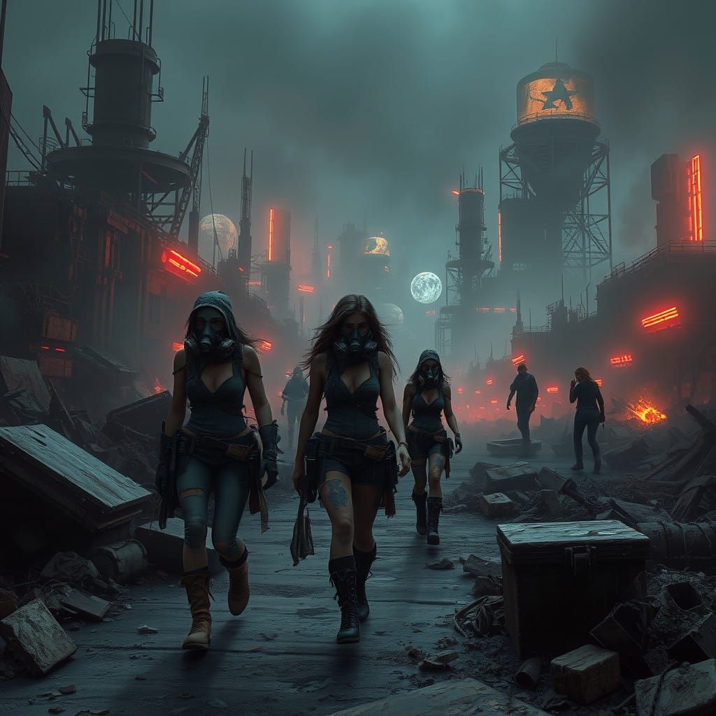 Cyberpunk Women Navigate Toxic Dystopian Cityscape in Matte....