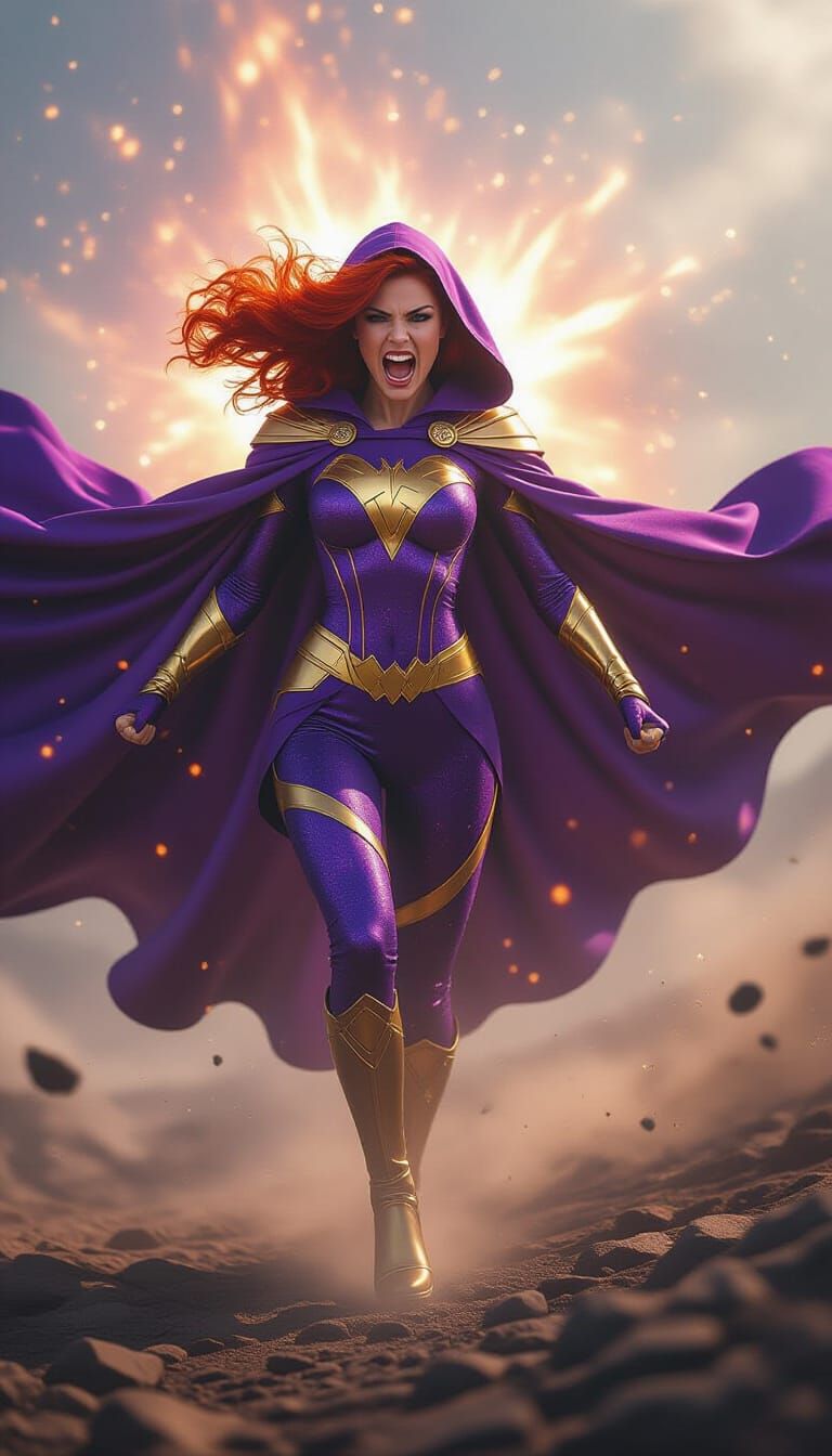 Cosmic Being in Fiery Red Hair and Purple Costume