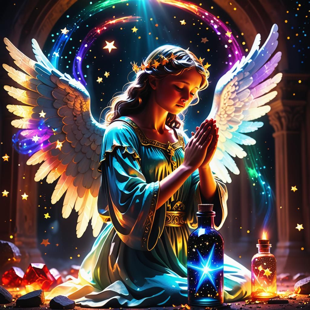 Colorful Angel Praying with Devil in Shadow, Digital Art