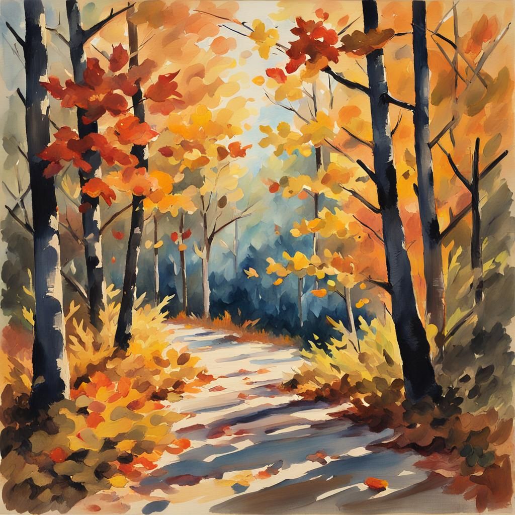 Autumn Leaves on Rustic Path as Impasto Painting