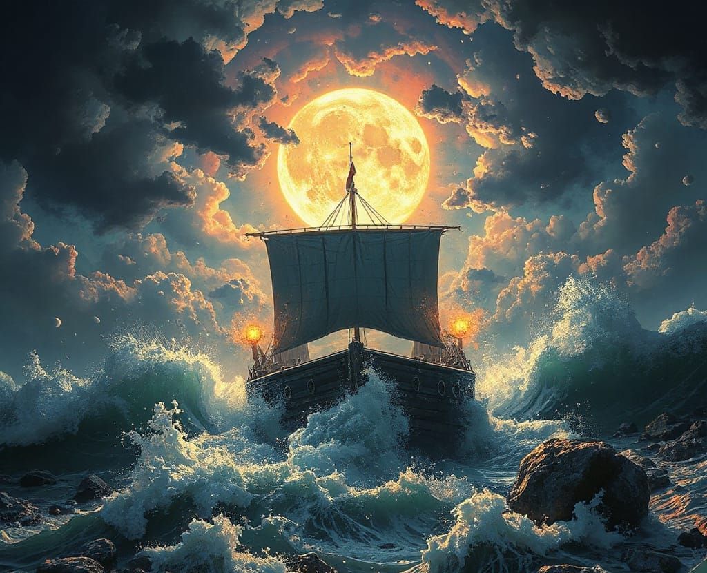 Epic Cosmic Seascape with Noah's Ark under Full Moon