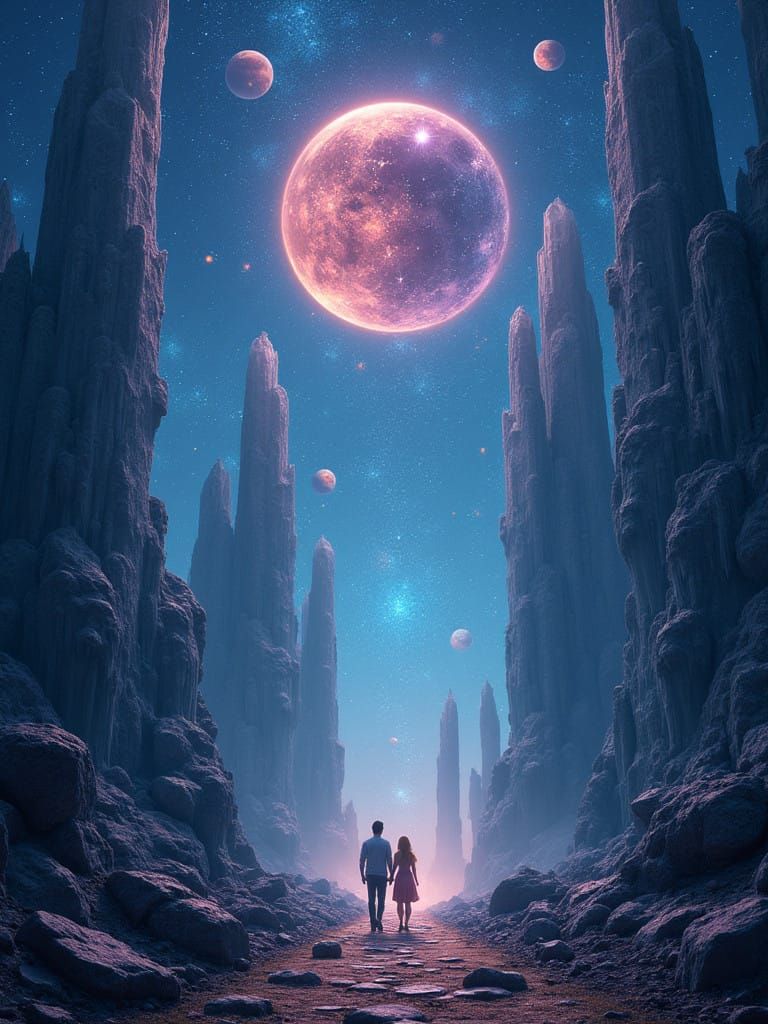 A Couple Embarks on a Starlit Odyssey Through a Crystal Fore...