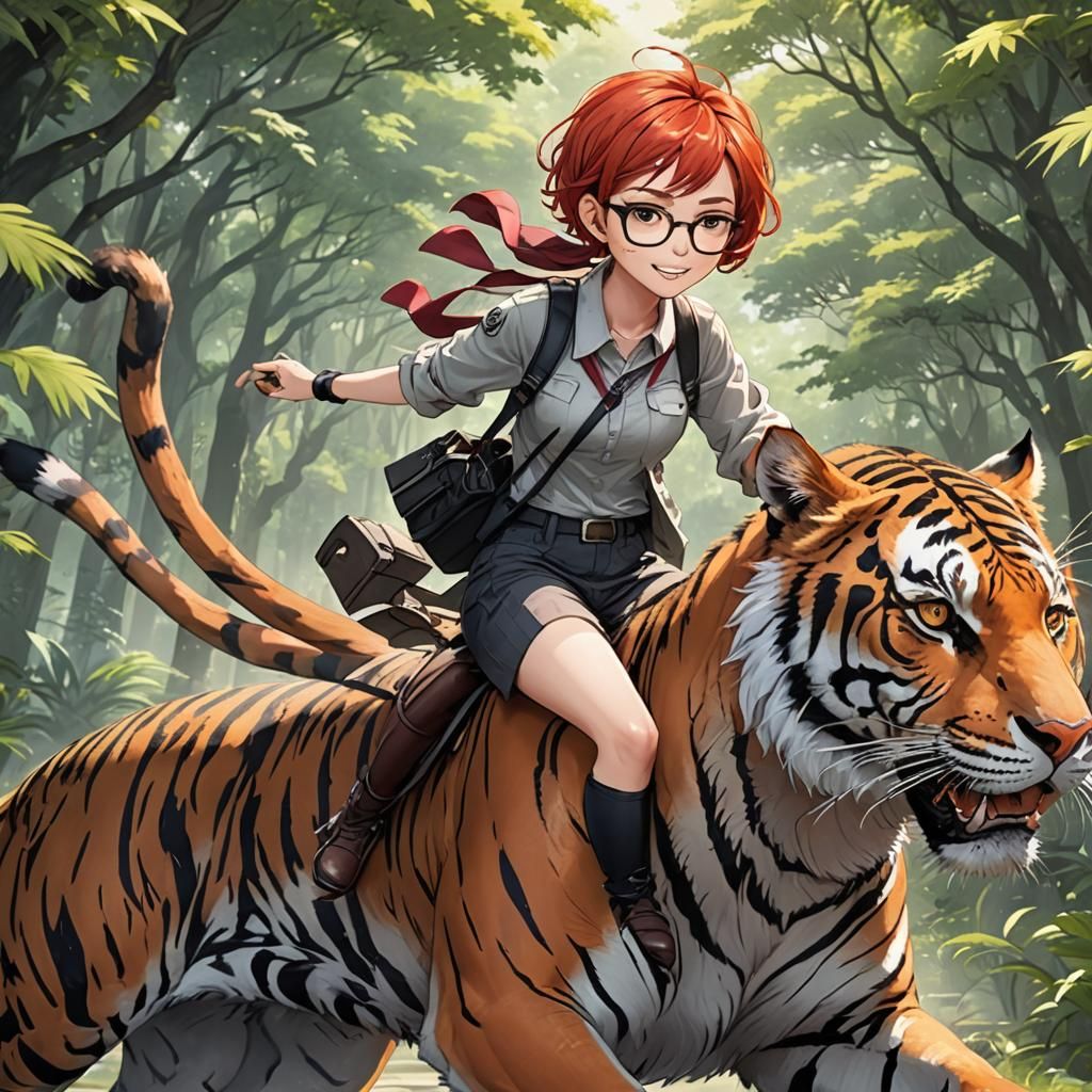 Girl with Red Hair Rides a Tiger: Anime Style