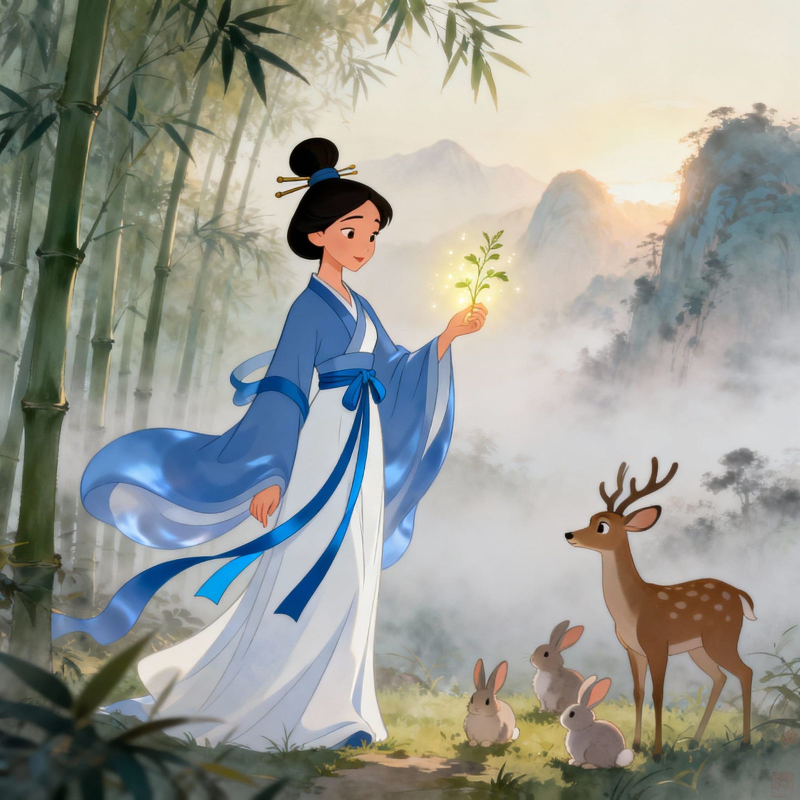 Healing Goddess in Flowing Hanfu in Misty Bamboo Grove