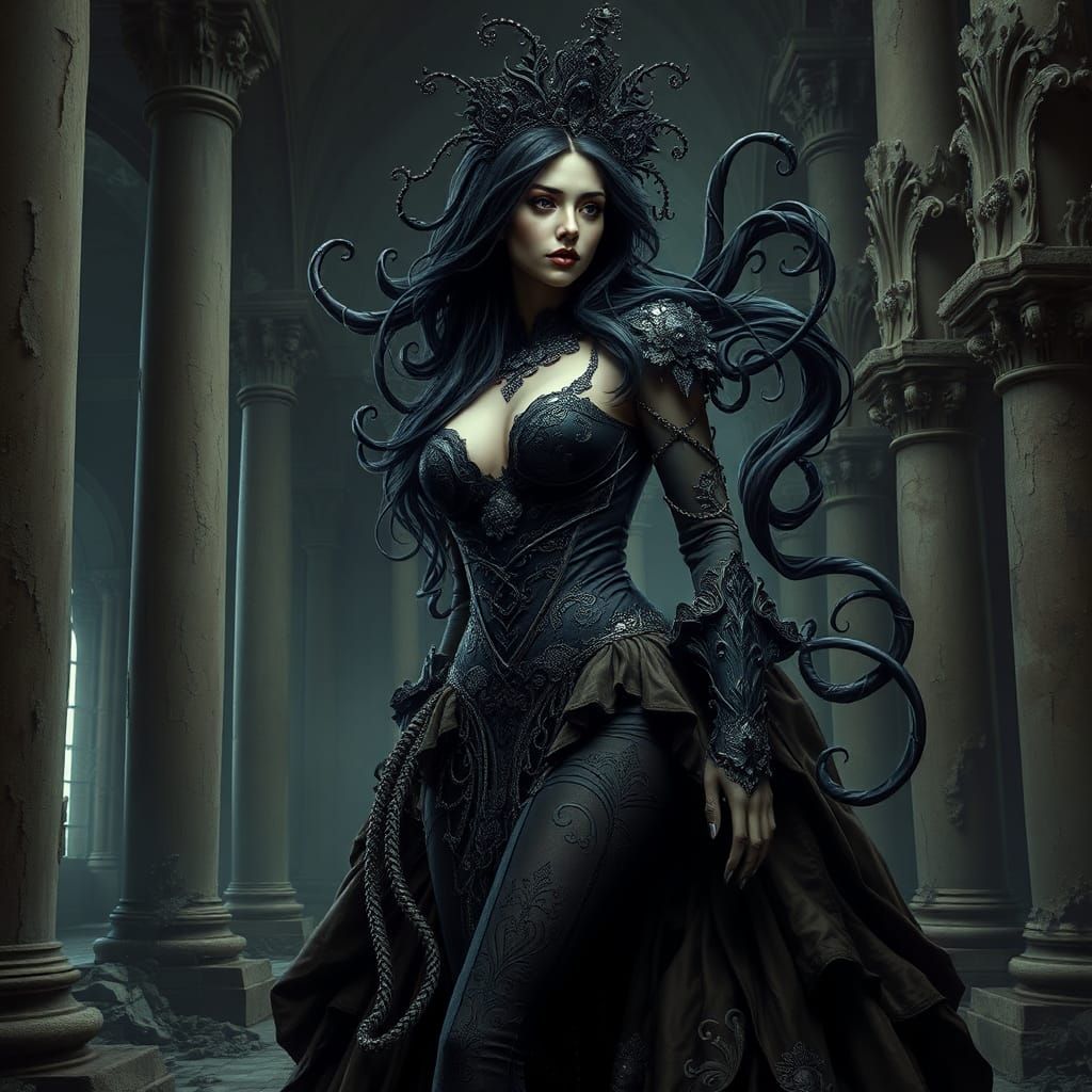 Gothic Queen Merges with Decaying Palace Architecture