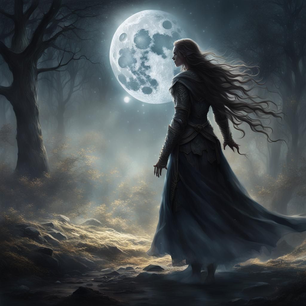 Moon Goddess Casting Light, Dark Fantasy Concept Art