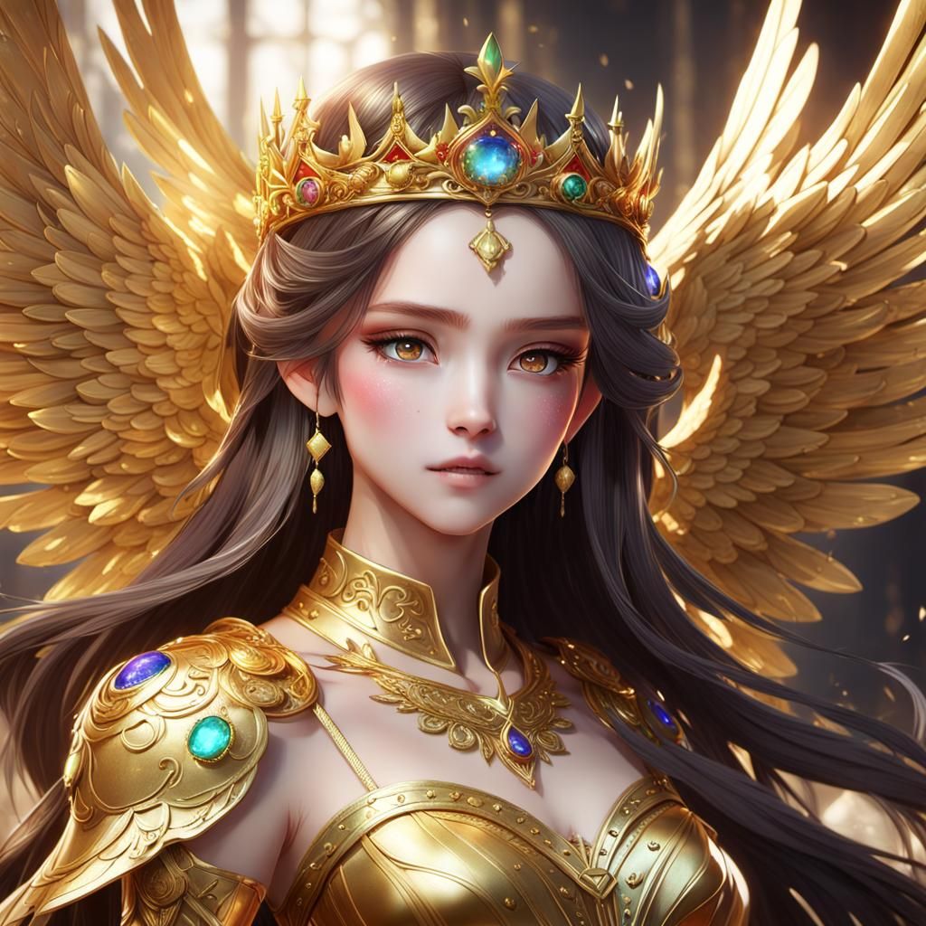Colorful Winged Princess with Golden Crown: 3D Anime Art