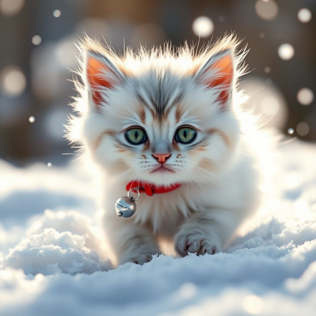 Whimsical Winter Wonderland with Playful Fluffy Kitten