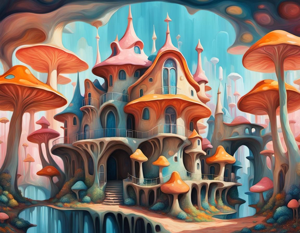Mushroom Village with Gaudi Architecture as Surreal Artwork