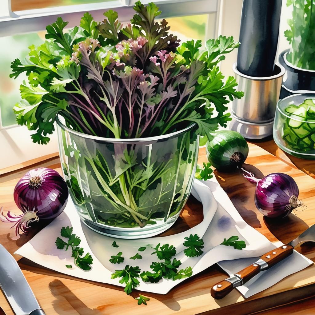 Watercolor Parsley Still Life with Kitchen Scene
