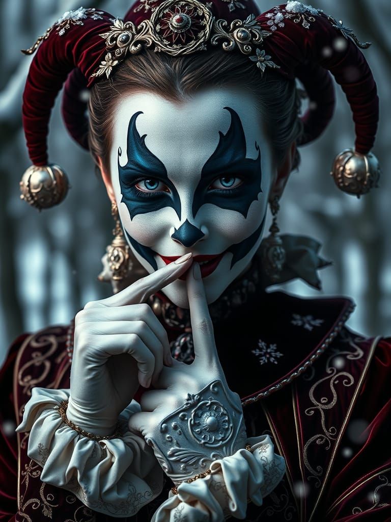 Ornate Harlequin Woman Silencing Winter Forest, Digital Art