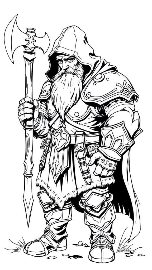 Dwarf Knight with Axe: Black and White Linear Art