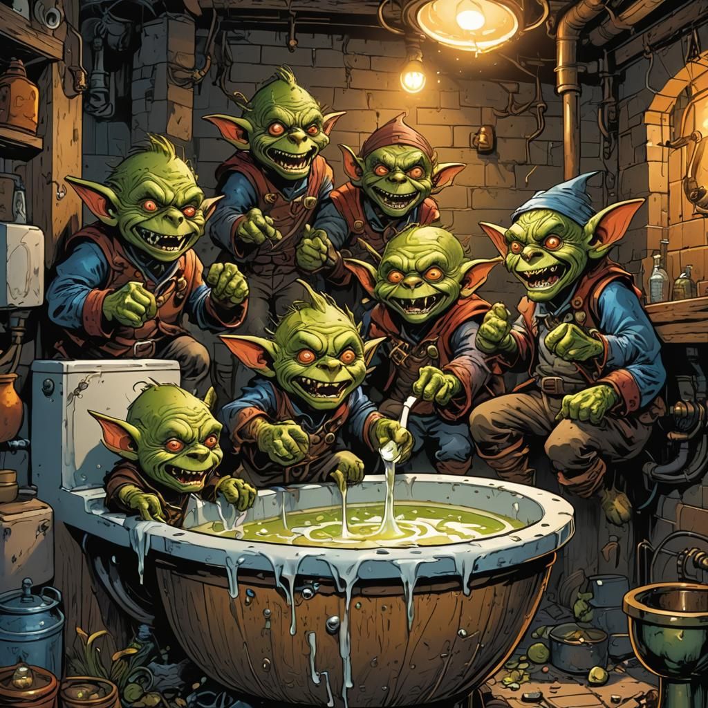 Goblin Party Around Alcohol-Filled Toilet Pipe