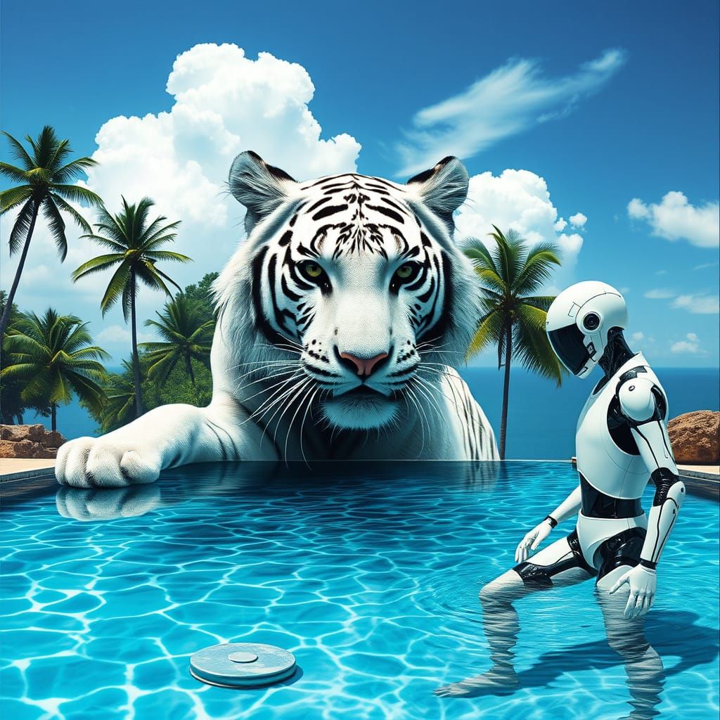 Abstract Collage: Tiger, Pool, Female Form, Android Poolboy