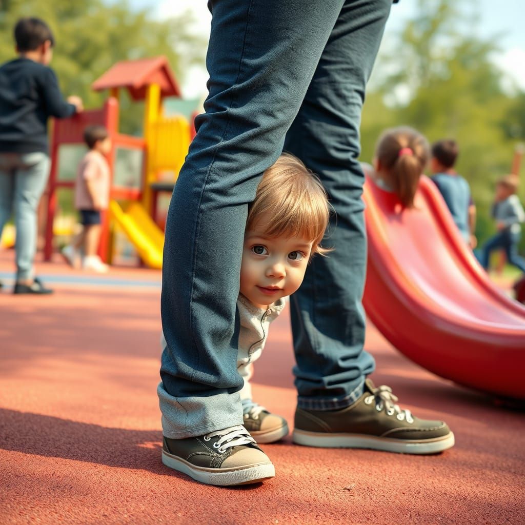 Shy Child Peeking in Playground, Whimsical Illustration