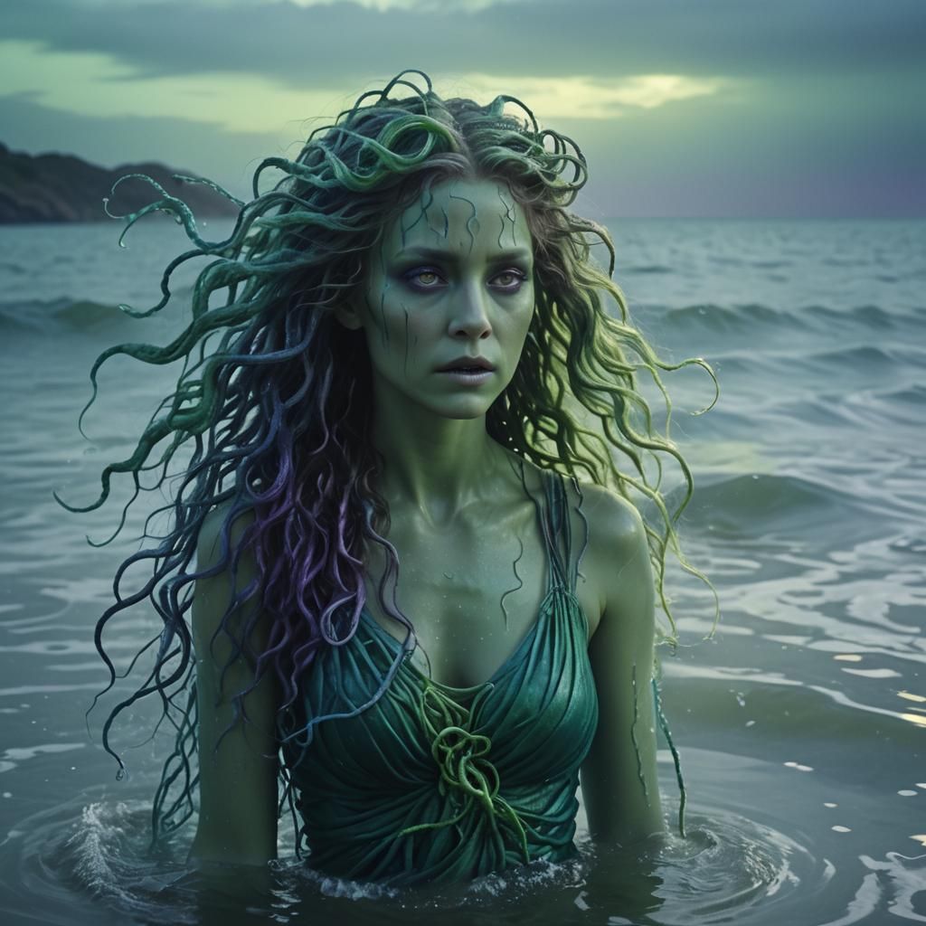 Medusa as an ethereal ghostly figure emerging gracefully fro...