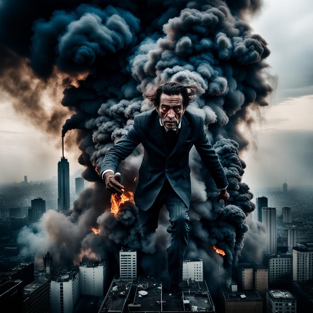 Smokey Destroyer Over Cityscape: Dramatic Portrait