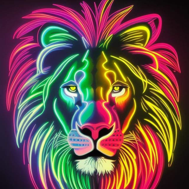 Vivid Neon Lion Head in Comic Book Style