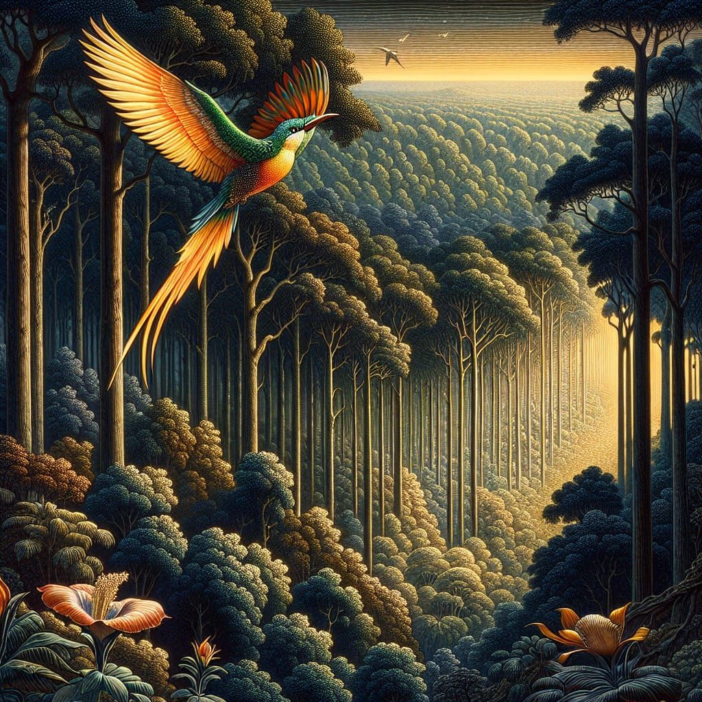Magical Forest with Radiant Paradise Bird