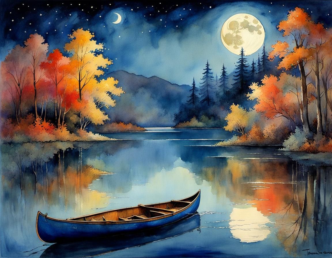 Autumn Canoe on Starry Lake, Watercolor Painting