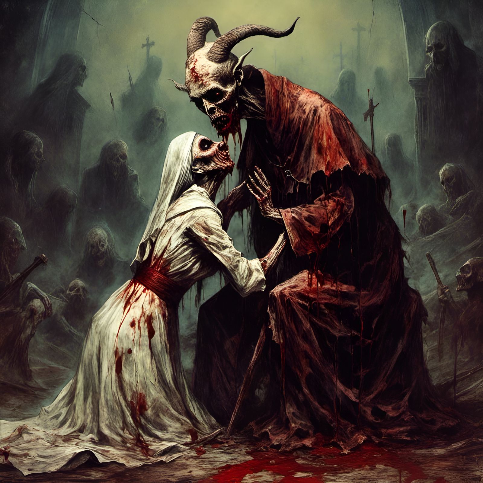 Macabre Zombie Pope Kisses Nun in Crypt Illustration