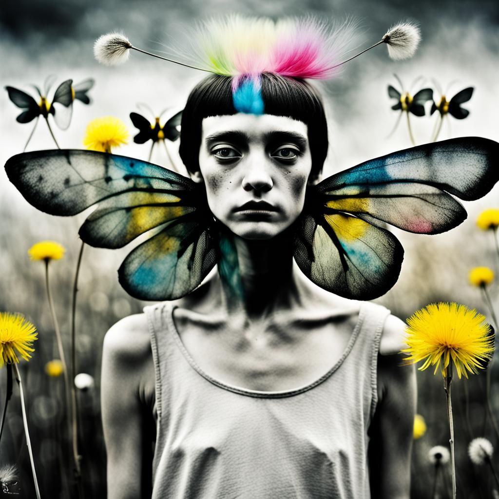 Winged Fairies in Dandelion Dreamscape, Surrealist Portrait