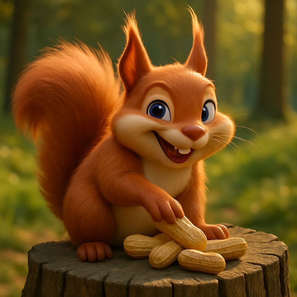 Fluffy Squirrel Stealing Peanuts: 3D Animation