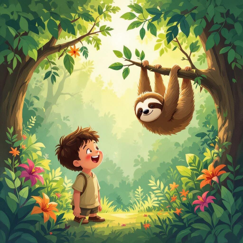 Joyful Boy Laughs at Sloth Brother in Tropical Rainforest